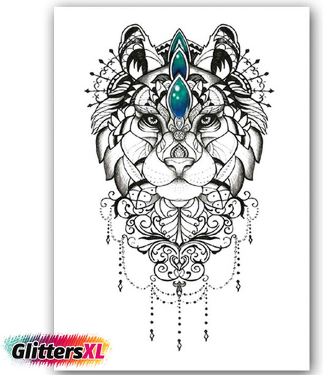 GlittersXL - Temporary Tattoo Leeuw (A5 formaat) [Neptattoo - Tijdelijke tatoeage - Nep Fake Tattoos - Water overdraagbare festival sticker henna outfit tattoo - Glitter tattoo - Volwassenen Kinderen Jongen Meisje]